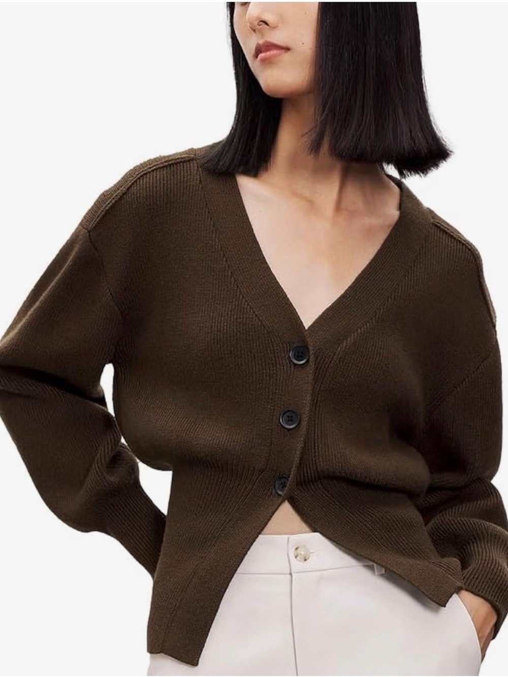 Women's Chocolate Brown V-Neck Button Cardigan Sweater